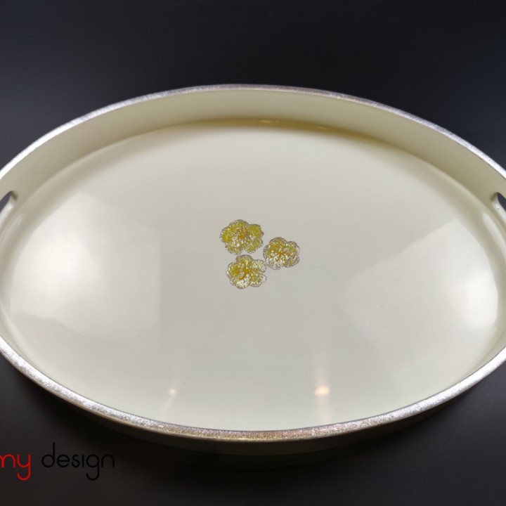 Khay sơn mài oval trắng vẽ 3 bông hoa đào 28*40 cm